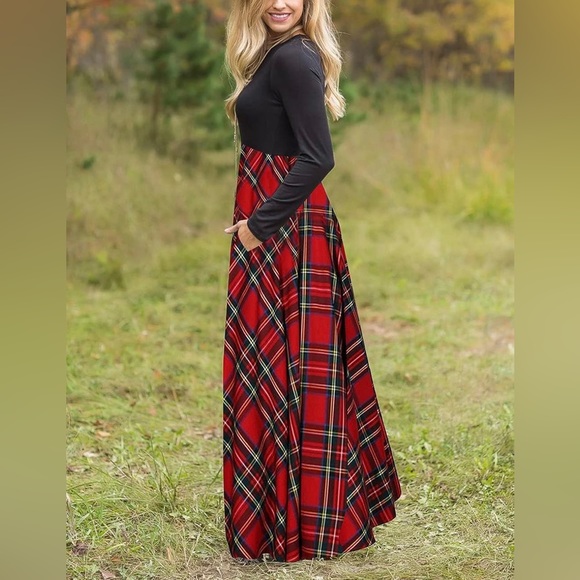 Amazon Plaid Empire Waist Maxi Dress with Pockets - Picture 2 of 6